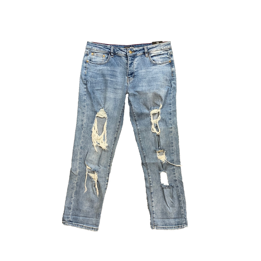 Fashion Nova Jeans Womens 13 Denim Distressed Ripped Button Fly Straight Ankle - Picture 1 of 16